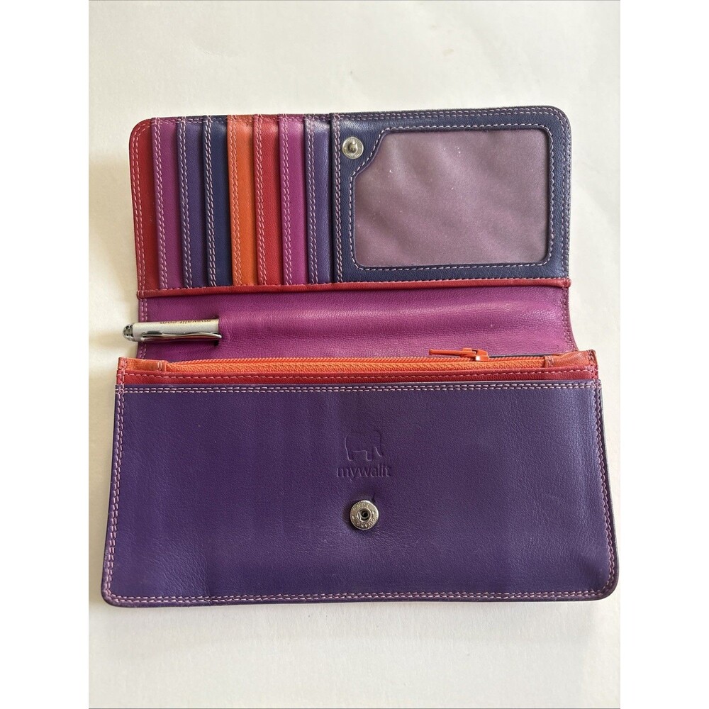 Mywalit Bifold Wallet Purple Orange Magenta Color Block Leather Sangria
